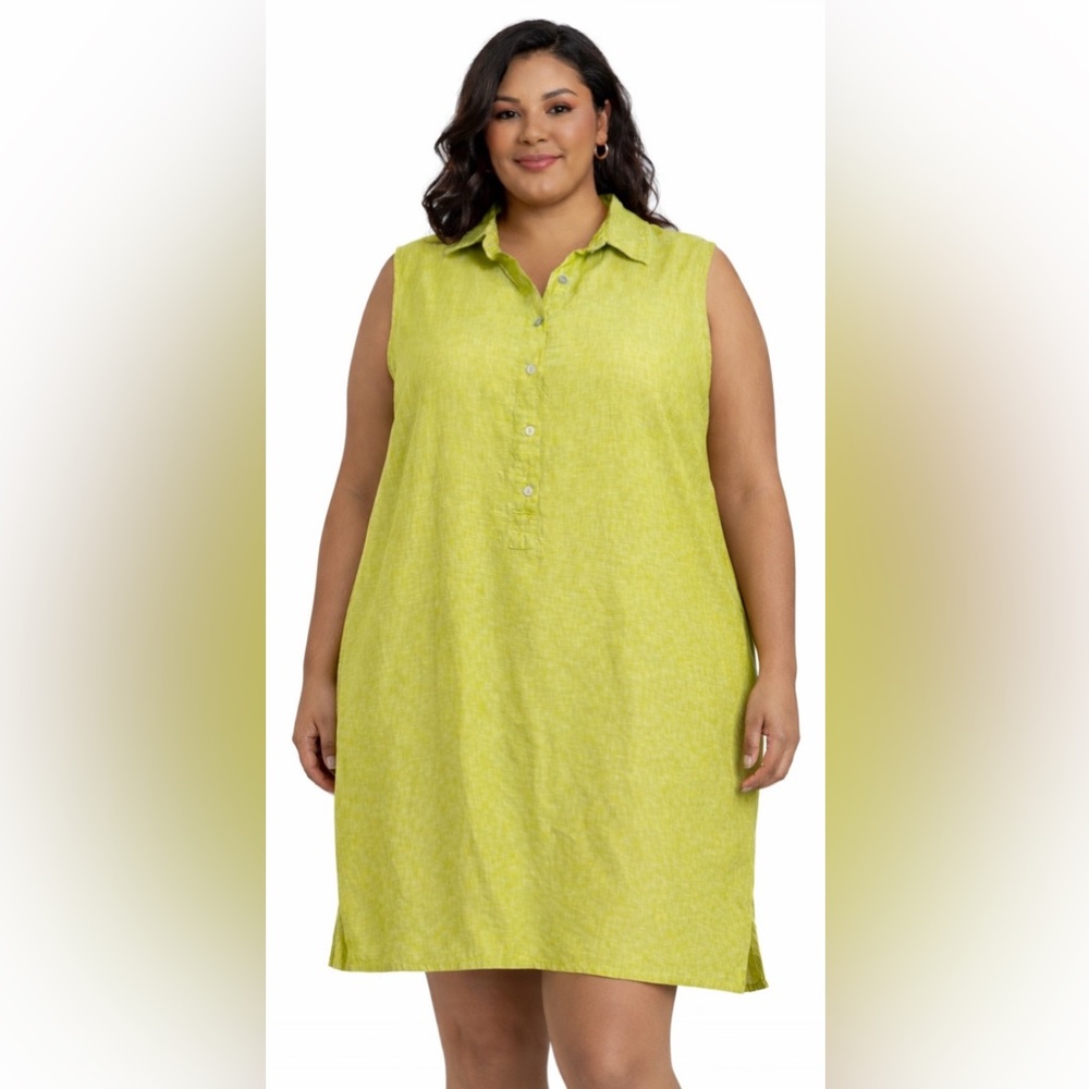 Tahari 100% Linen Sleeveless‎ Shirt Dress Lime Green Plus Size Summer Spring 1X